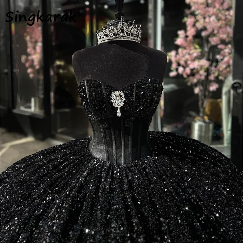 Ball Gown Shiny Black Quinceanera Dress Beaded Crystal Bow Sweet 15 Gowns main image 1