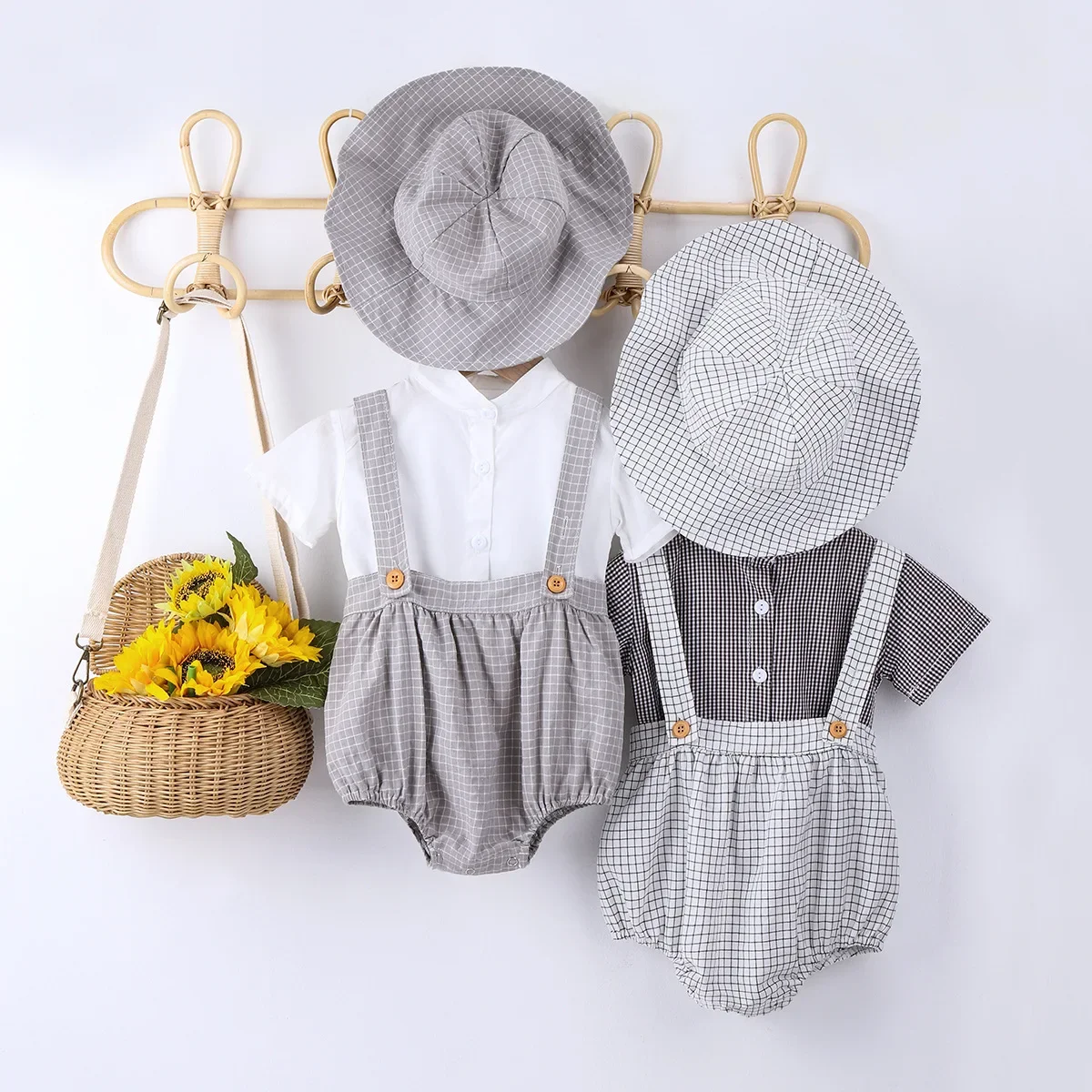 Casual Korean Style Boys Short Sleeve Plaid Shirt Glacier Capsuit Baby Outdoor Climbing Overalls Trendy Cotton Material