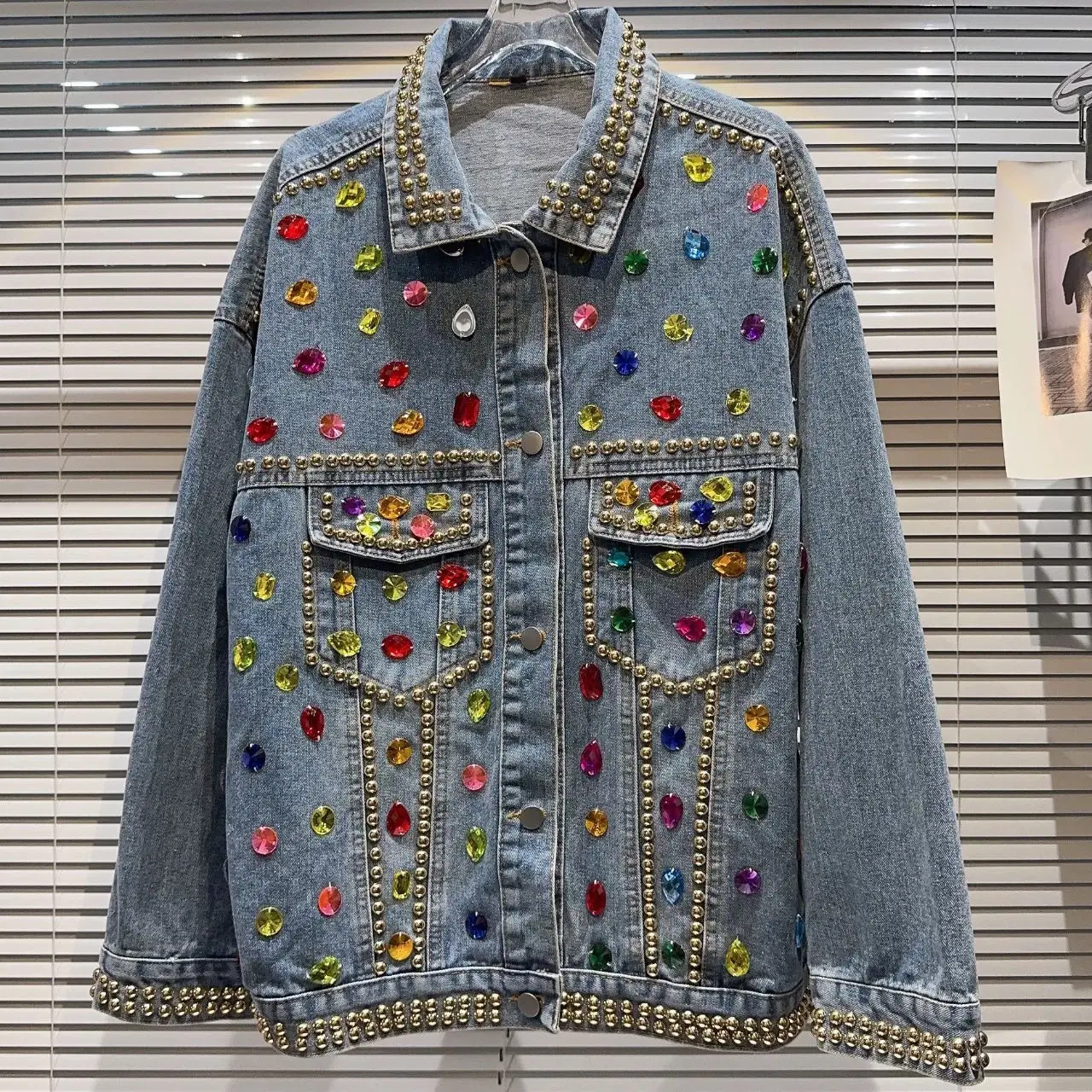 

HIGH STREET Newest 2023 Designer Fashion Women's Colorful Gemstone Studded Loose Denim Jacket Outwear Coat Autumn