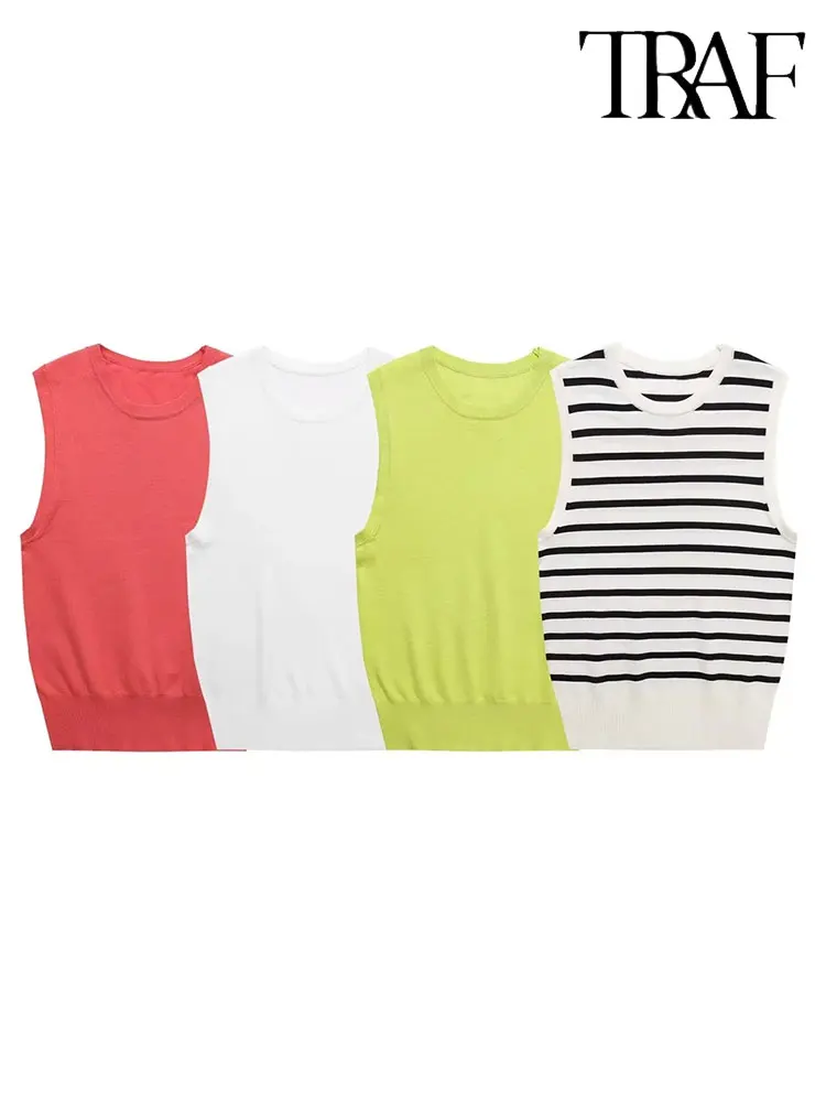 

TRAF 2023 Woman Sweater Knit Vest Fashion Slim Vest Sweater Decoraion Vintage Sleeveless Femel Casual Tops