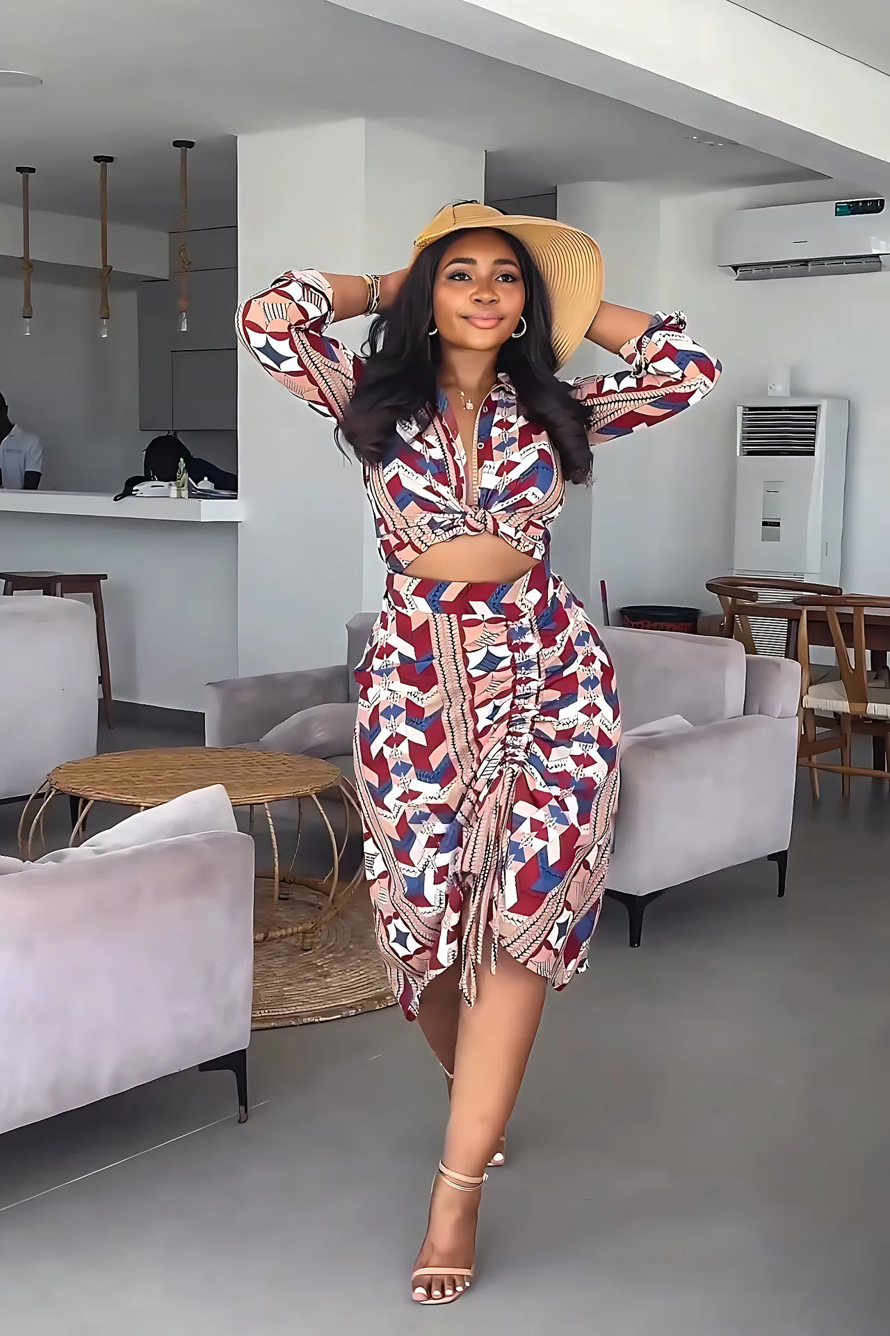 

2023 Summer Fashion New Print Button Long Sleeve Shirts Tops and Drawstring Skirt Set Vacation Casual 2 Piece Sets Women Outfit