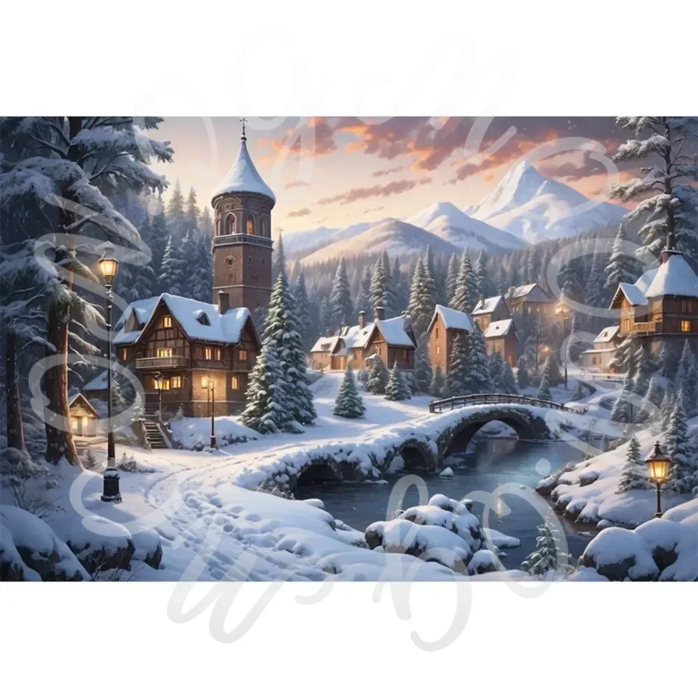 Winter Christmas Village Backdrop for Home Decoration and Photography Studio