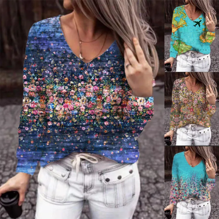 

Autumn and Winter Women's Top Fashion Printing Floral Long Sleeved T-shirt Women Casual Office Tops Female & Lady Shirts