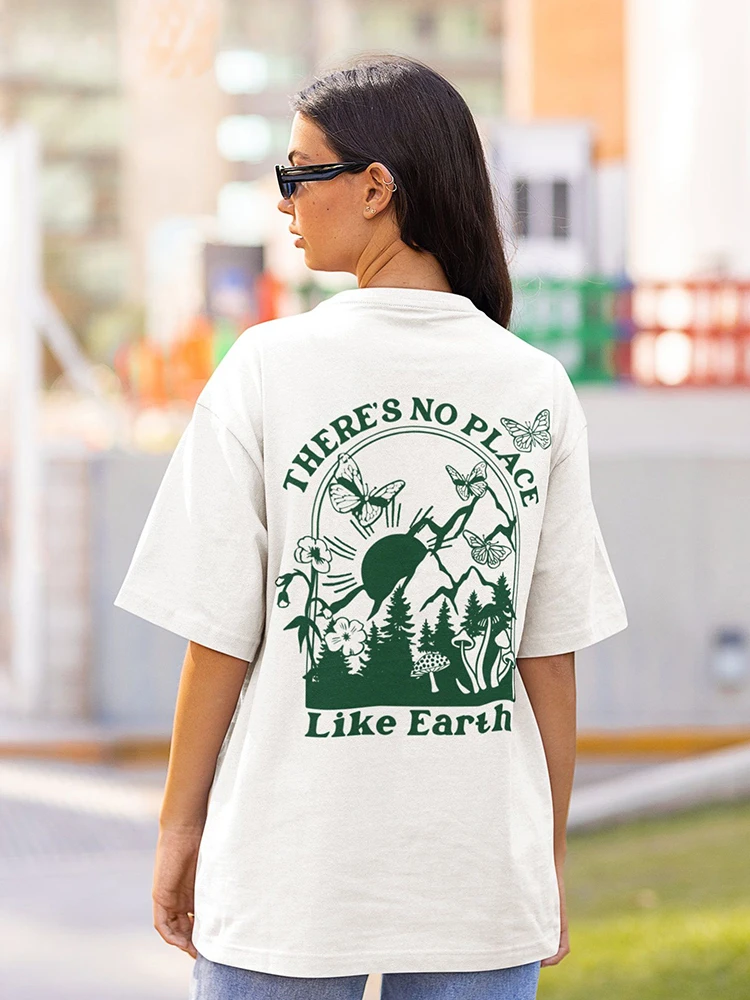 

There's No Place Like Earth Print Womans Clothing Creativity Casual Cotton T-Shirts Oversize Hip Hop Clothes Female Short Sleeve