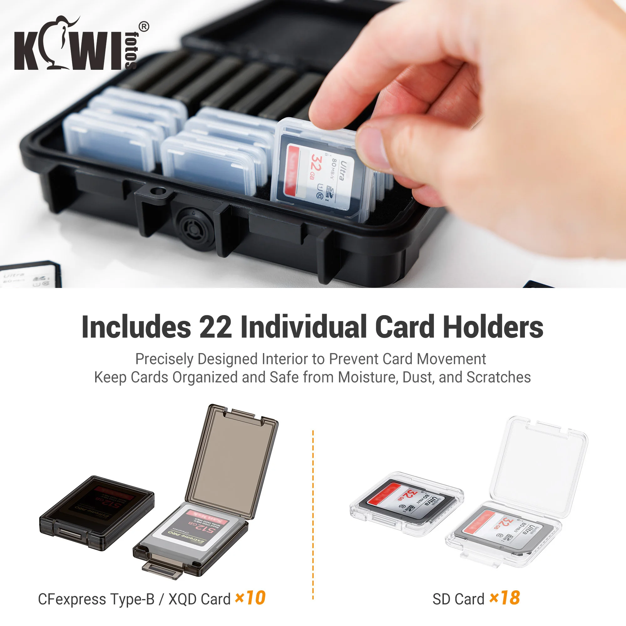 22 Slots SD CF Memory Card Case IP67 Waterproof with Individual Card Case for 12SD + 10 CFexpress Type-B/XQD Holder Storage