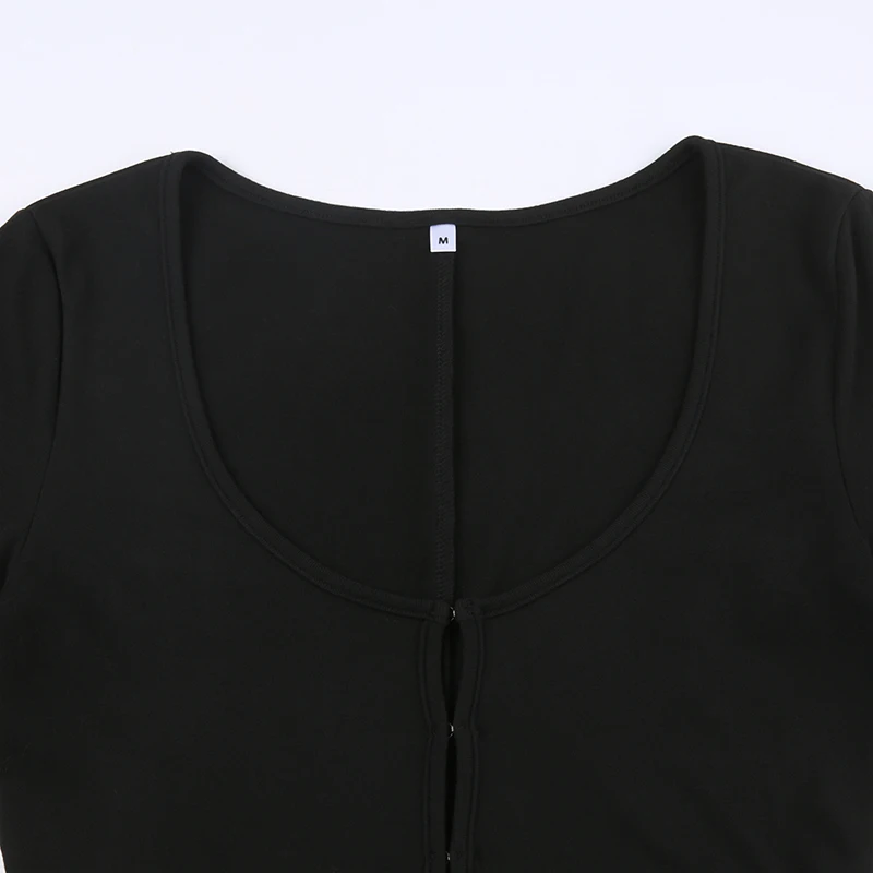 Mono negro sexy ajustado con gancho hueco en la parte delantera para mujer, mono negro liso con cuello redondo y manga larga para otoño e invierno, trajes básicos de baddie.