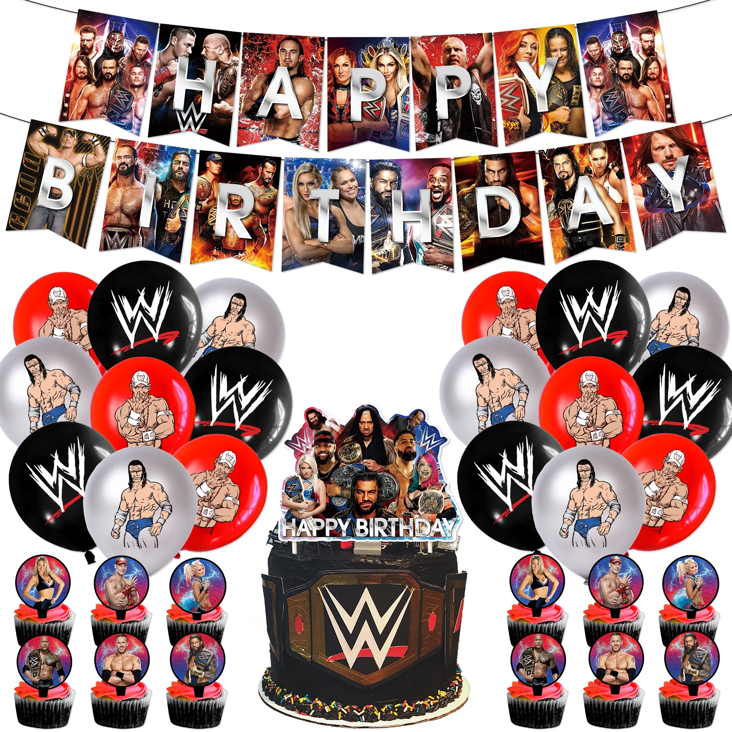 Decoração de festa de triatlo de luta livre WWE Feliz Aniversário Banner  Balões Pano de fundo Fontes de festa de chá de bebê - AliExpress, image size:1500x1500