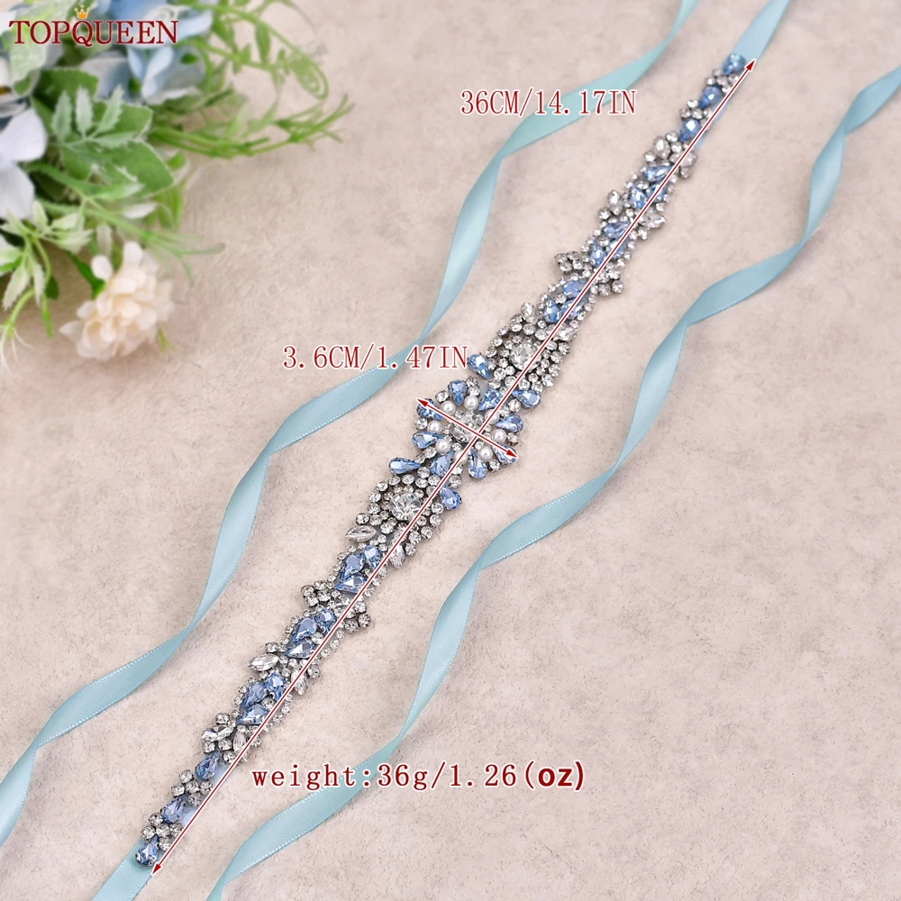 Bridal Belt TOPQUEEN Fashion Diamond Light Blue Rhinestone Patch Bridal Accessories Important Occasion Dress Belt S351-QL