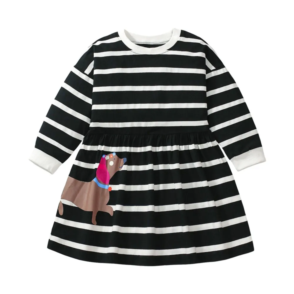 Kids Clothes Children's Clothing Baby Girls 2025 Autumn Spring Cotton Long Sleeves Striped Cartoon Dogs Dresses