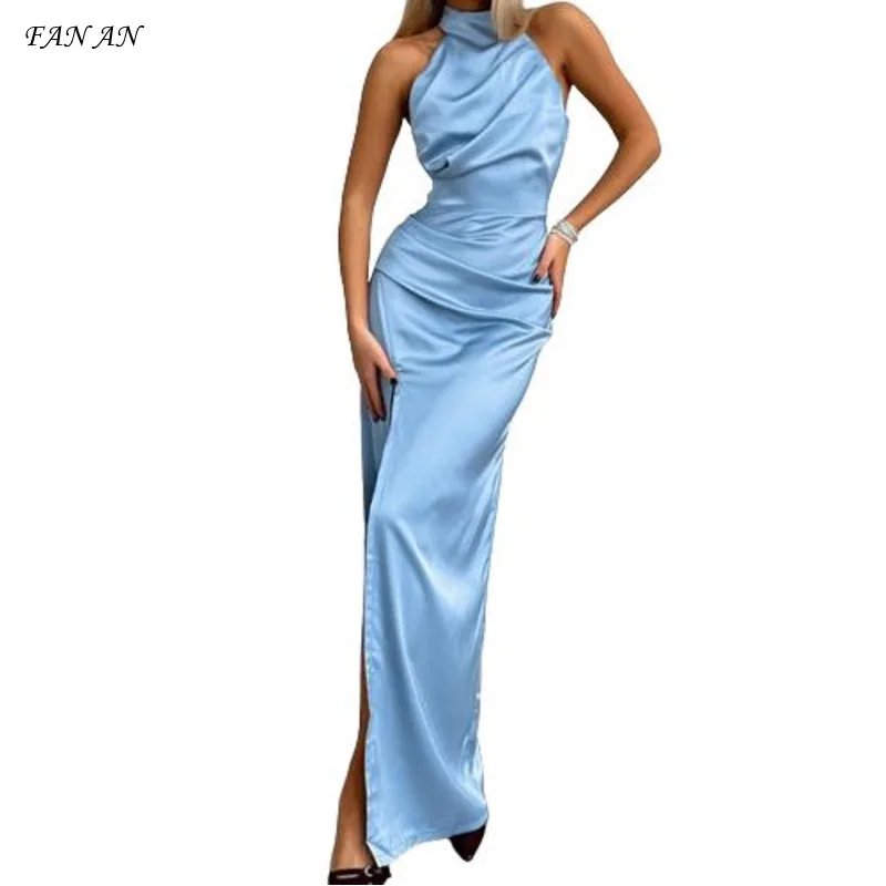 

New Temperament Solid Color Halters Sleeveless Slit Dress Small Dress 2024 Fashion New Women's Skirt Long Skirt Women's Skirt