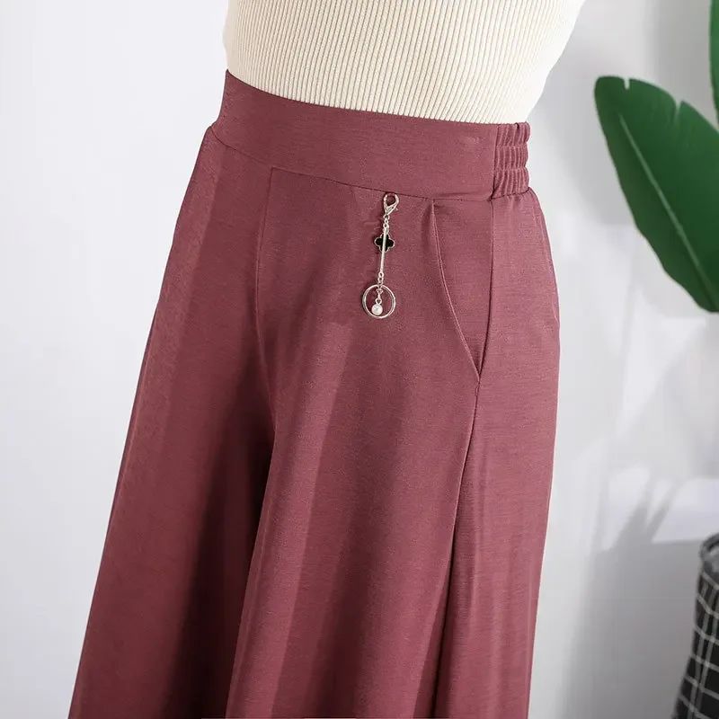 Summer Crop Loose Pants Women's Clothing Calf-Length Wide Leg Pants Skirt Sweatpants Women Elastic Waist Trousers Female