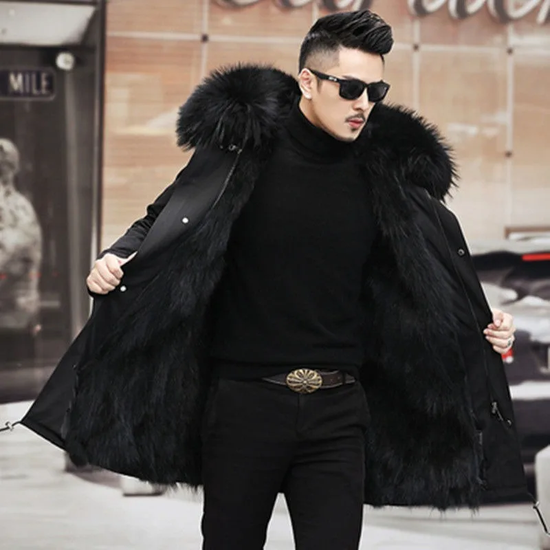 2023 Winter Men Imitation Fox Fur Collar Fur Integrated Parka Men Large Size Faux Fur Coat Thicken Hooded Cotton-Padded Jacket