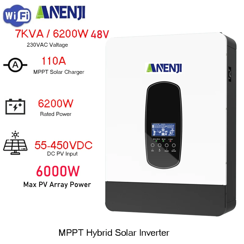 Inverter Solare Ibrido 6.2Kw 48V 230V Inverter Sine Off Grid Puro Pv 55-450V Regolatore Di Carica Solare Mppt 110A Integrato Per La Casa