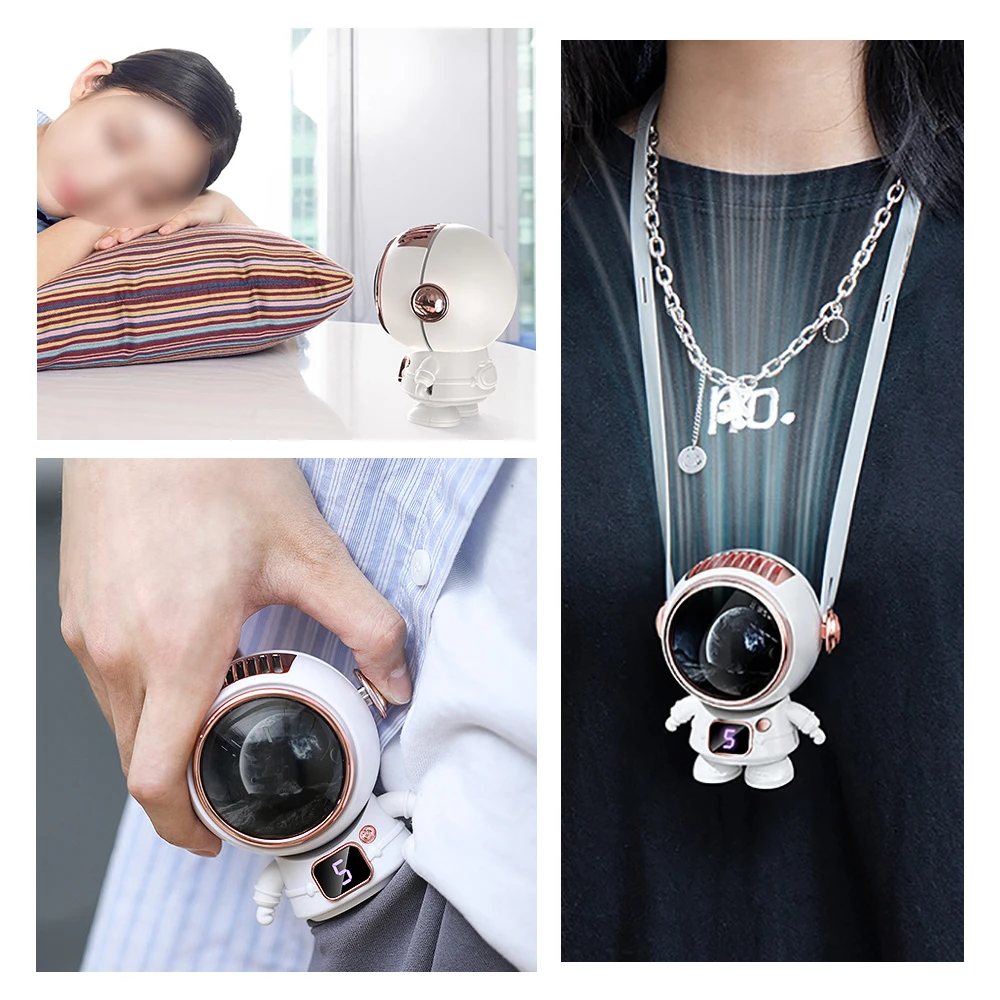 Astronaut Handheld Mini Cute Fan USB Rechargeable Bladeless Spaceman Hanging Neck Cooling Fans for Travel Outdoor Air Cooler
