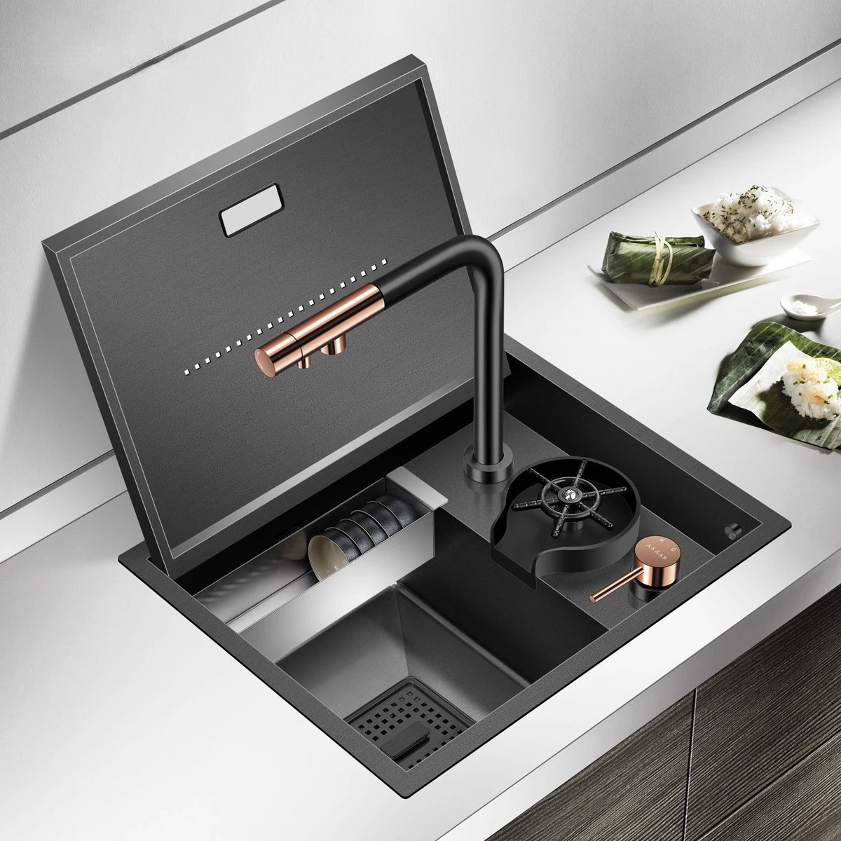 

Hidden Cover Sink Small Cafe Bar Black 304 Stainless Steel Kitchen Vegetable Washing Basin Accessories