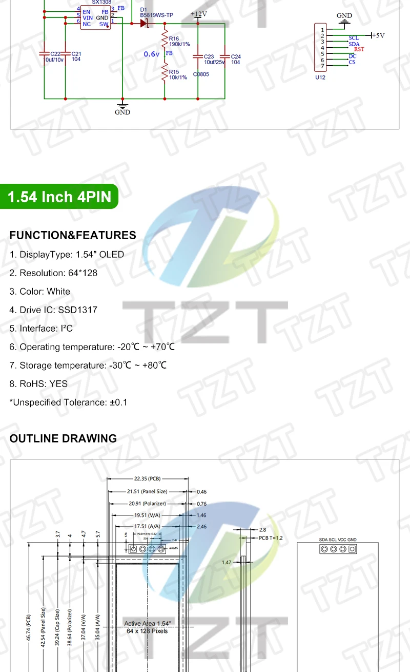TZT 0,96 / 1,3 / 1,54 Zoll OLED-Display 64×128 LCD-Modul SH1107 SSD1312 SSD1317 4PIN 7PIN LCD 1,3 " OLED Vertikales Bildschirmmodul – Detail 6