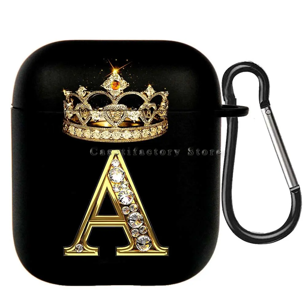 Elegant Diamond Crown Initial AirPods Case - Black Wireless Bluetooth Earphone Cover