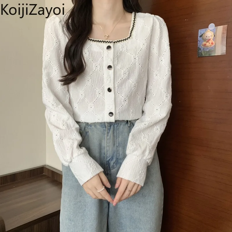 

Koijizayoi Elegant Women Solid Cropped Blouse Long Sleeves Single Breasted Shirt Fashion Spring Autumn Single Breasted Blusas
