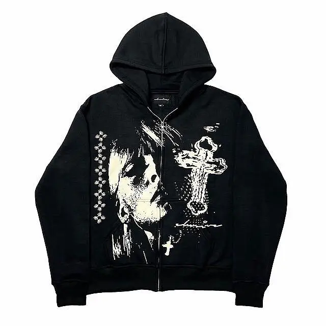 Men Loose Zipper Hoodie American Cross Head Print Street Harajuku Oversized Sweatshirt Y2K Punk Japanese Couple Jacket mens hoodies