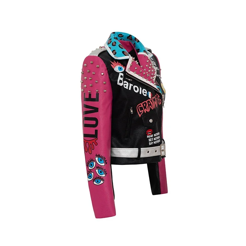 Punk Rivets Cropped Motorcycle Jacket Women 2024 Trend Streetwear Graffiti Print Contrast Stitched Faux Leather Jacket