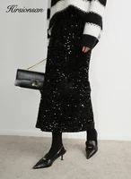 Hirsionsan High Waist Sequined Skirt Women 2023 New Autumn Office Lady Basic Midi Skirt Chic Elegant Glossy Long Black Skirt - Image 2