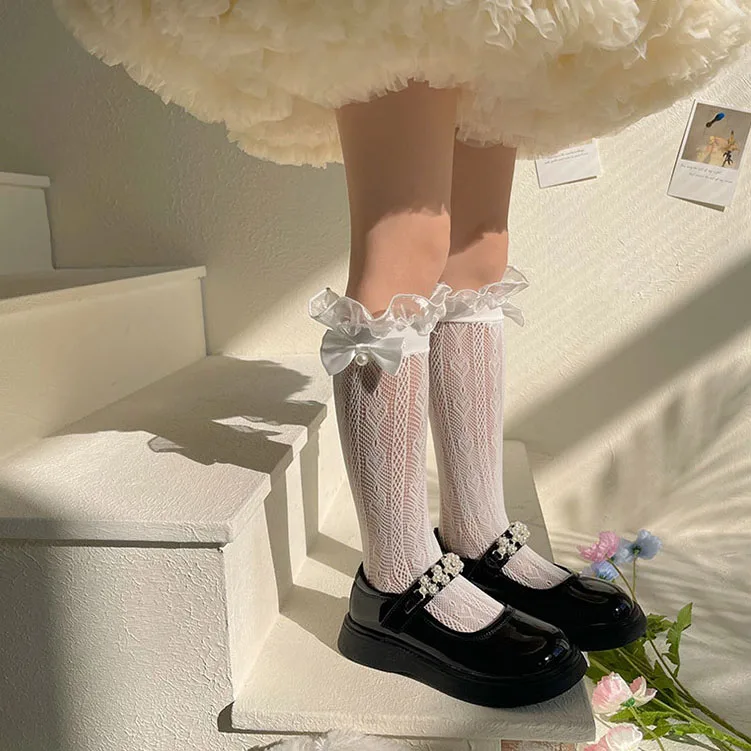 

Lolita Lace Ruffle Kids Socks Kawaii Bowknot Hollow Out Girls Knee High Sock JK Japanese Sweet Children Mesh Stockings