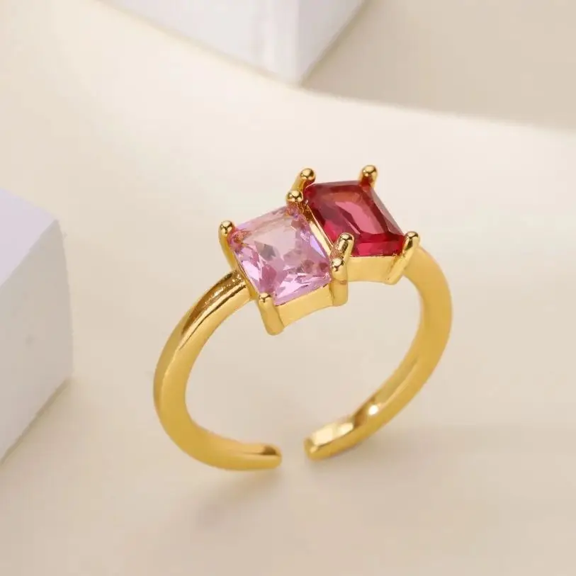 Stainless Steel Zircon Square Ring for Women 18K Gold Plated 2 Colors Adjustable