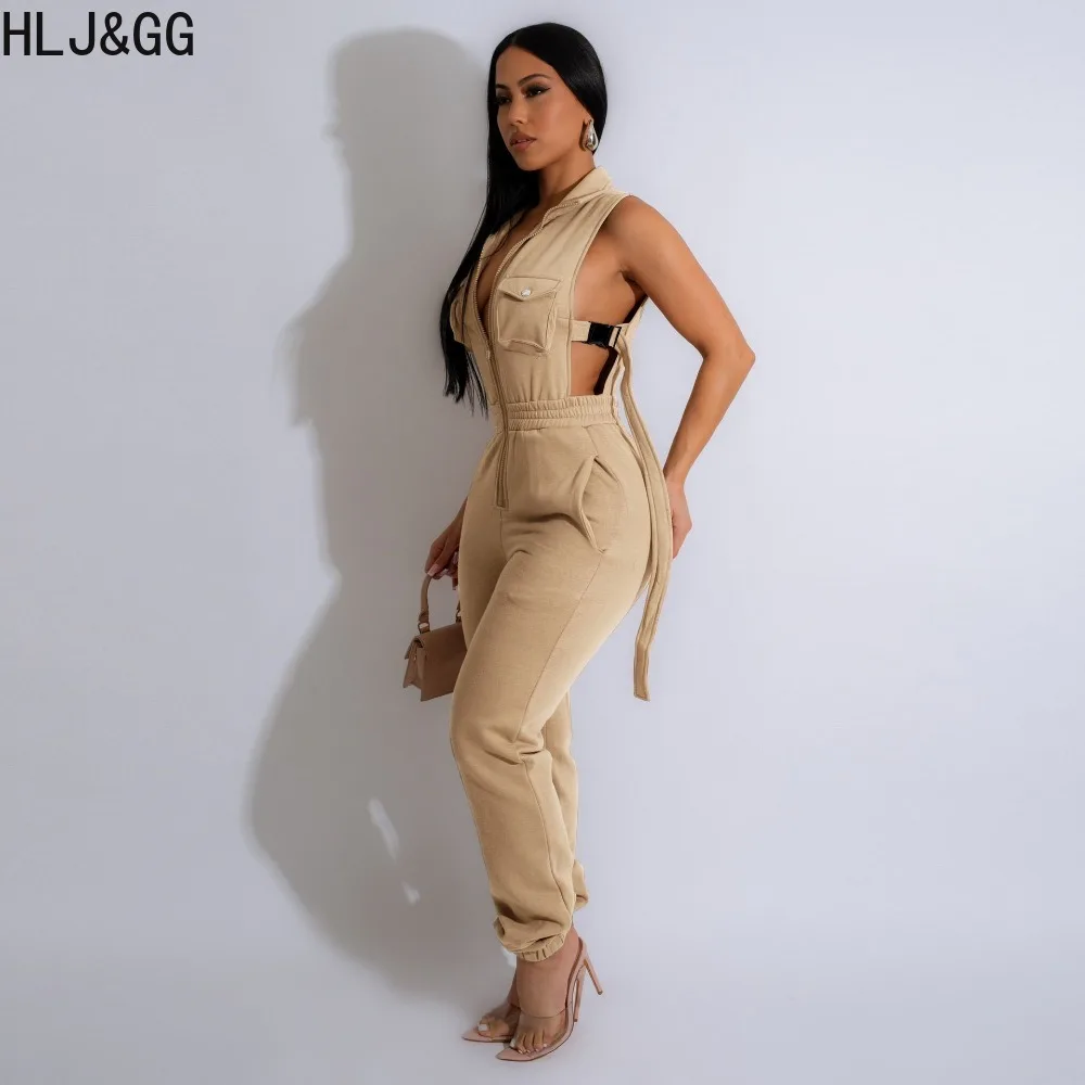 HLJ&GG Spring New Solid Side Hollow Out Jumpsuits Women Turndown Collar Zipper Drawstring Cargo Pants Playsuits Female Overalls