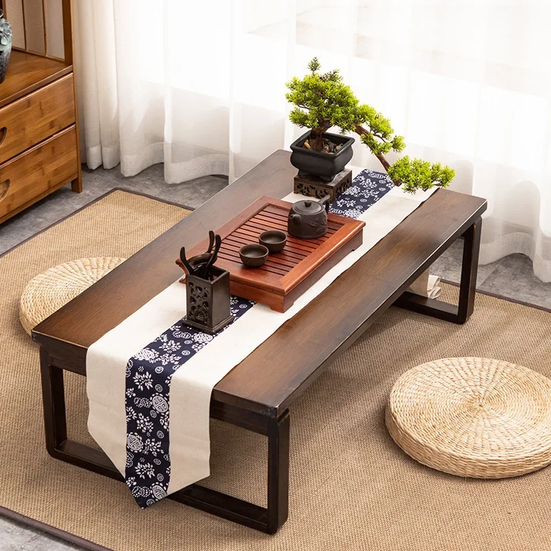 Chinese Style Folding Rectangular Low Table-Black Walnut Tone Bamboo Coffee Table, Compact Tatami/Bay Window Table for Home, S