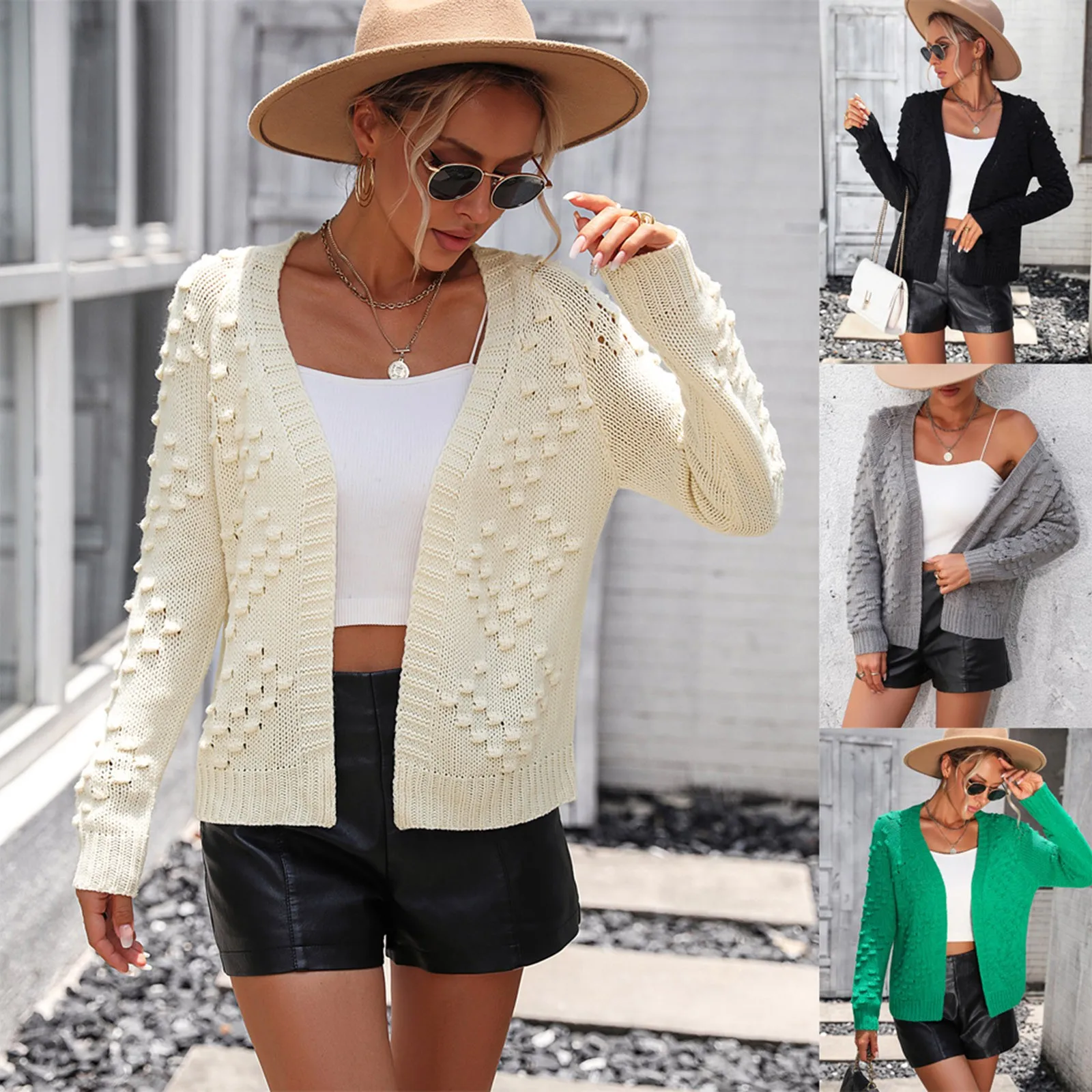 

Ladies Round Neck Long Sleeve Solid Color Knit Cardigan Fashion Loose Top