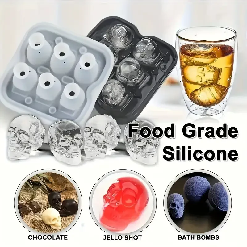 Halloween Party Ice Cube Mold 3D Skull Shape Food Grade Silicone Tray 4/6 Cavity for Whiskey Cocktail Baking Chocolate