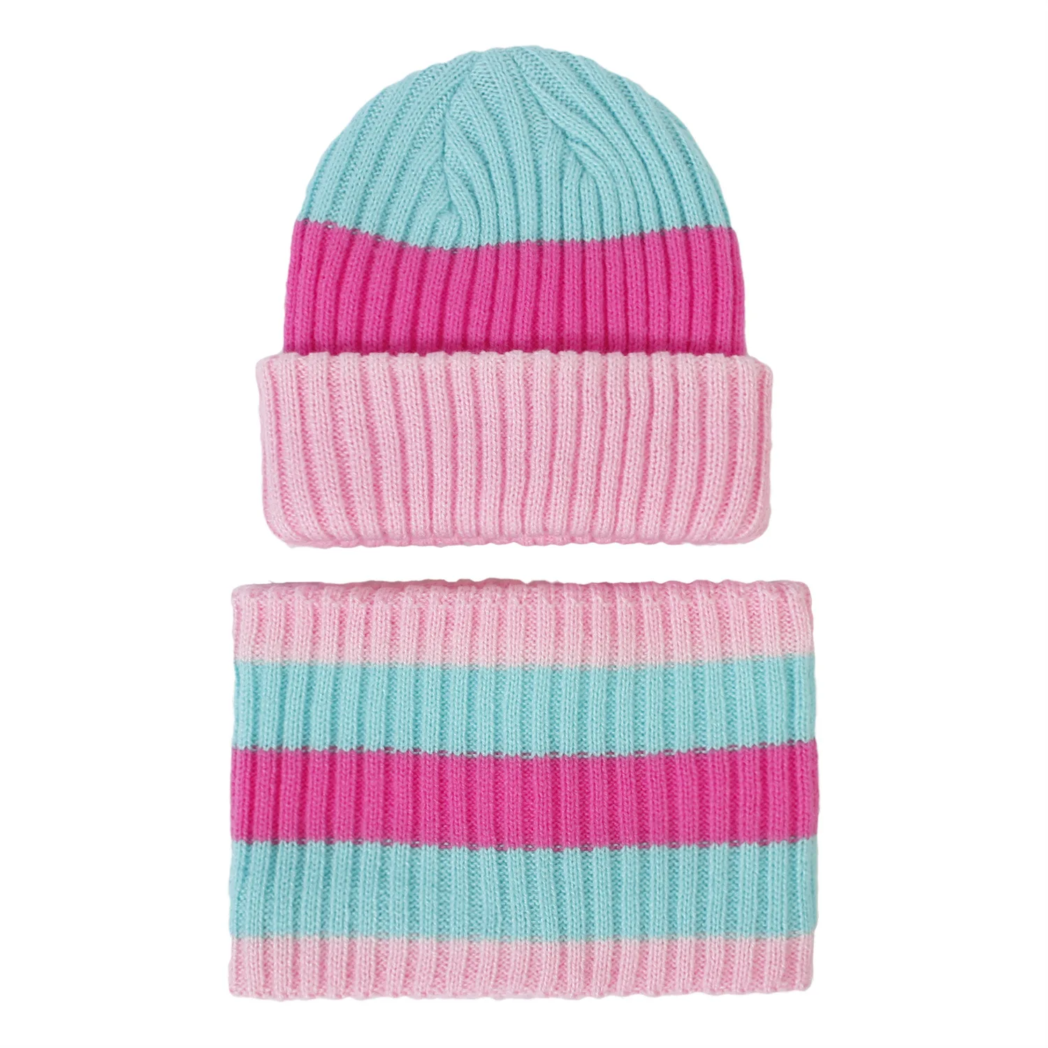Winter Hat Scarf Set for Child 2022 Striped Beanies Hats for Girl Boy Solid Color Knit Thick Beanies Scarves Set for Girl Kids