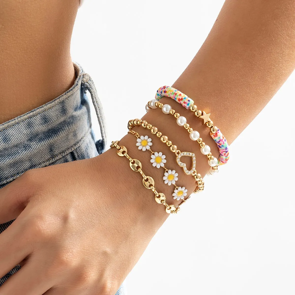 Sd6c85fb4f8bb4bc39941427802444142E 5Pcs/Set K-pop Sunflower Ball Polymer Clay Chain Bracelets for Women, Trending Rhinestone Love Heart Bangles Couple Jewelry Mallzona