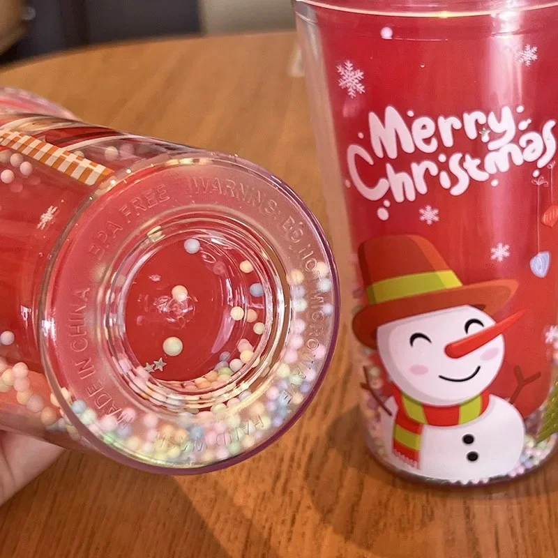 1pc 450ml Cartoon Christmas Water Cup, Double-layered Plastic Cup With  Straw, Festive Gift With Glittery Toy Decoration