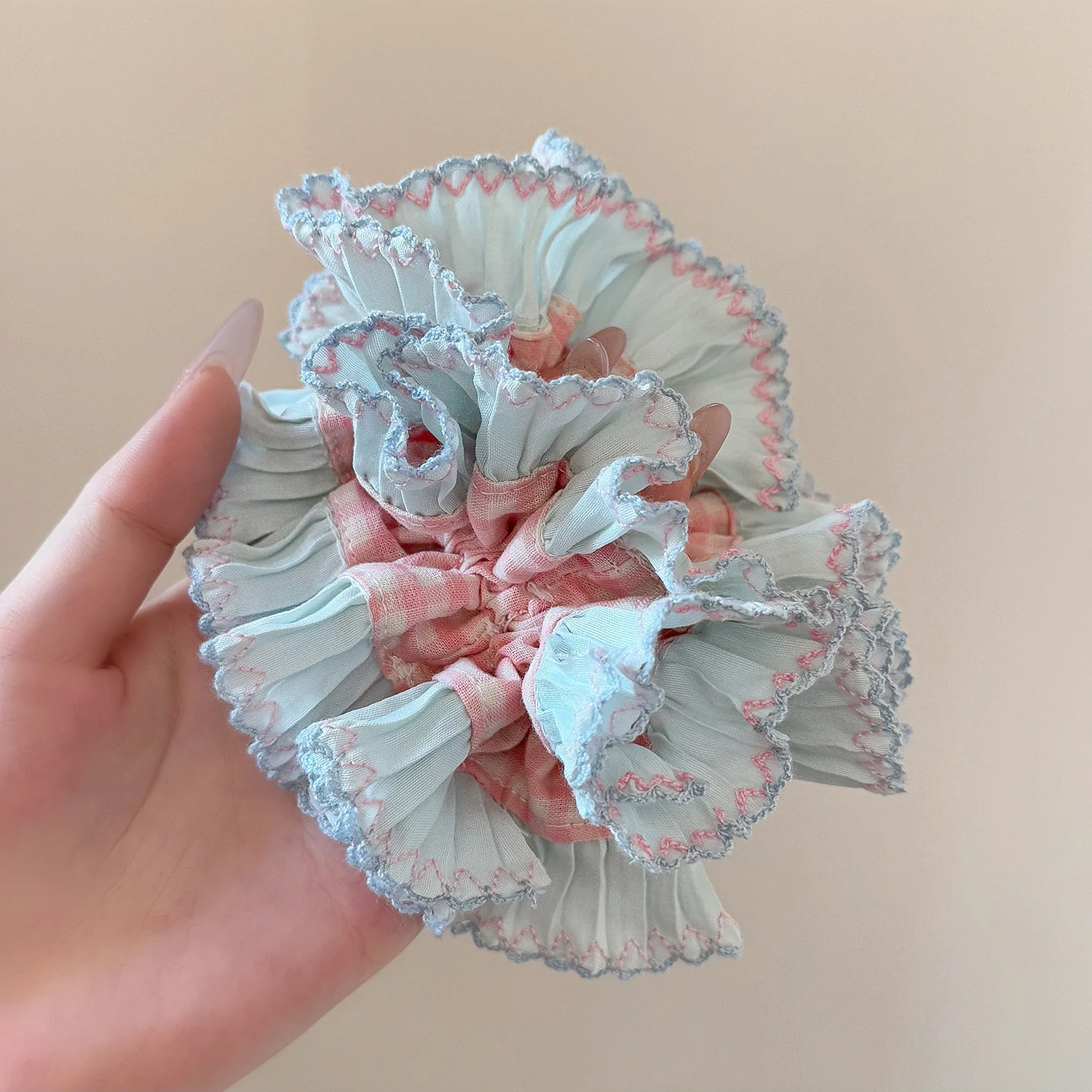 Blue Checkered Lace Elastic Hair Scrunchie - Oversized 14CM Hair Accessory