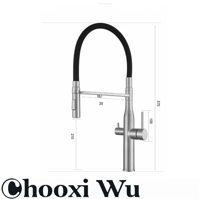 CHOOXIWU - กรองน้ําก๊อกน้ําห้องครัวสีดําดึงลงยืดหยุ่น Sprayer ทองเหลือง 360 หมุน Purification Pure Water Mixer Tap 3 Way ก๊อกน้ํา 6