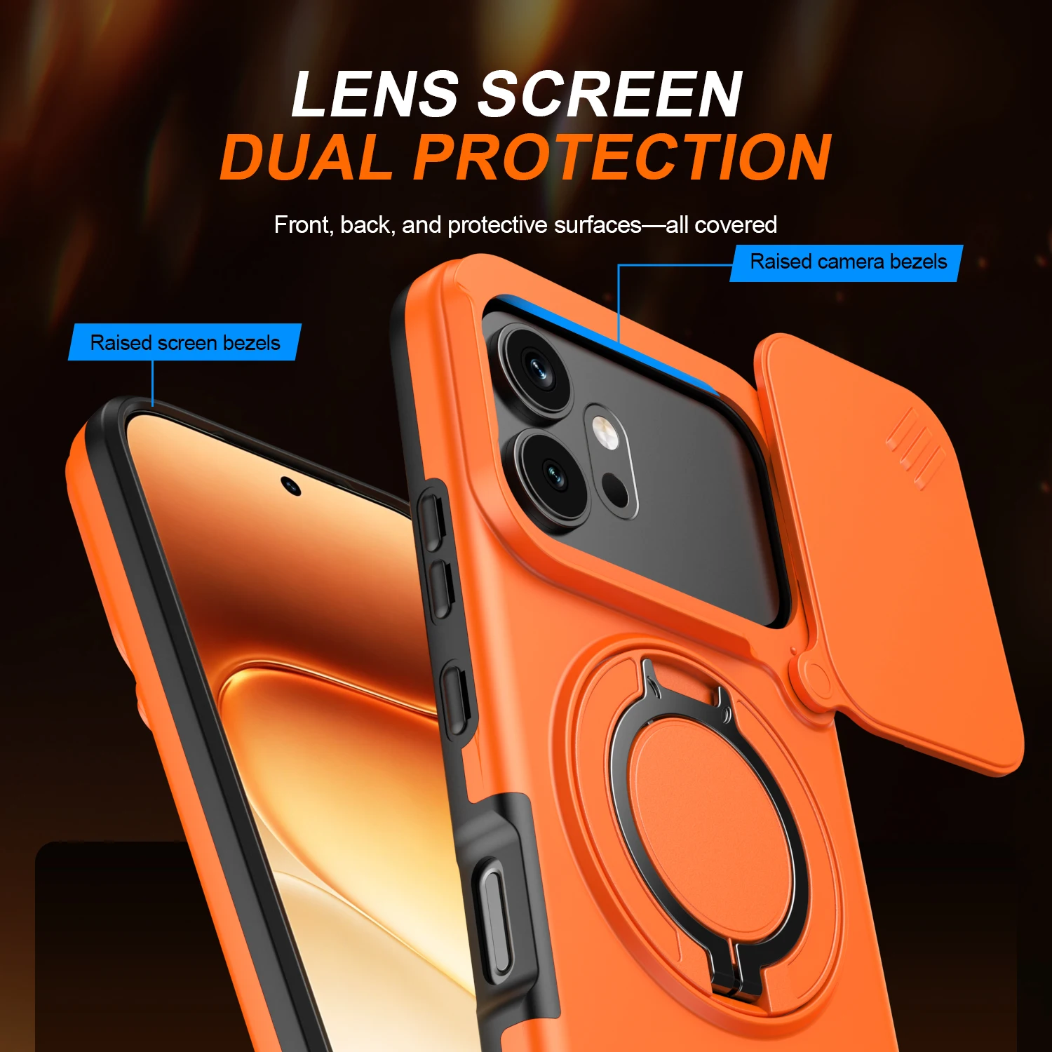 Magnetic Ring Stand Phone Case with Slide Camera Lens Protection and Durable Frame