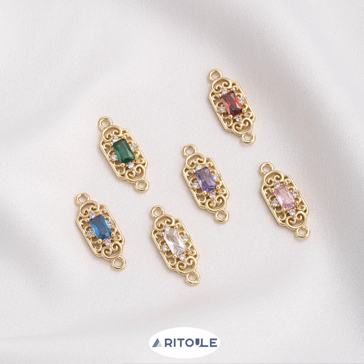

Customized color 14K gold coated zirconium inlaid Chinese style retro double connector DIY handmade pearl jewelry accessories
