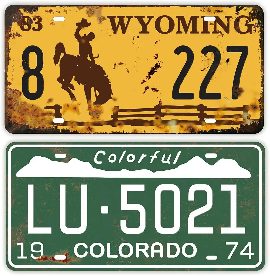 

2 Pieces Prop License Plates, Number Tags Replica, Wall Home DIY Man Cave Garage Decor, 6x12 Inch (Colorado & Wyoming)