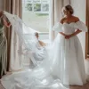 Customized Off-Shoulder Wedding Dress For Women Puff Sleeves Pleats A-Line Bridal Gown Elegant Backless Wedding Party Dress 1