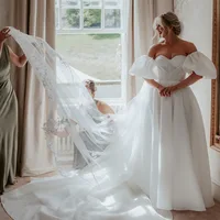 Customized Off-Shoulder Wedding Dress For Women Puff Sleeves Pleats A-Line Bridal Gown Elegant Backless Wedding Party Dress 1