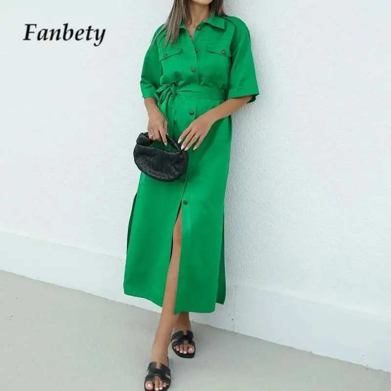 

Fashion Lapel Single-breasted Lace-up Cardigan Dress French Elegant Shirt Dress 2024 Solid Color Half-Sleeve Straight Long Dress