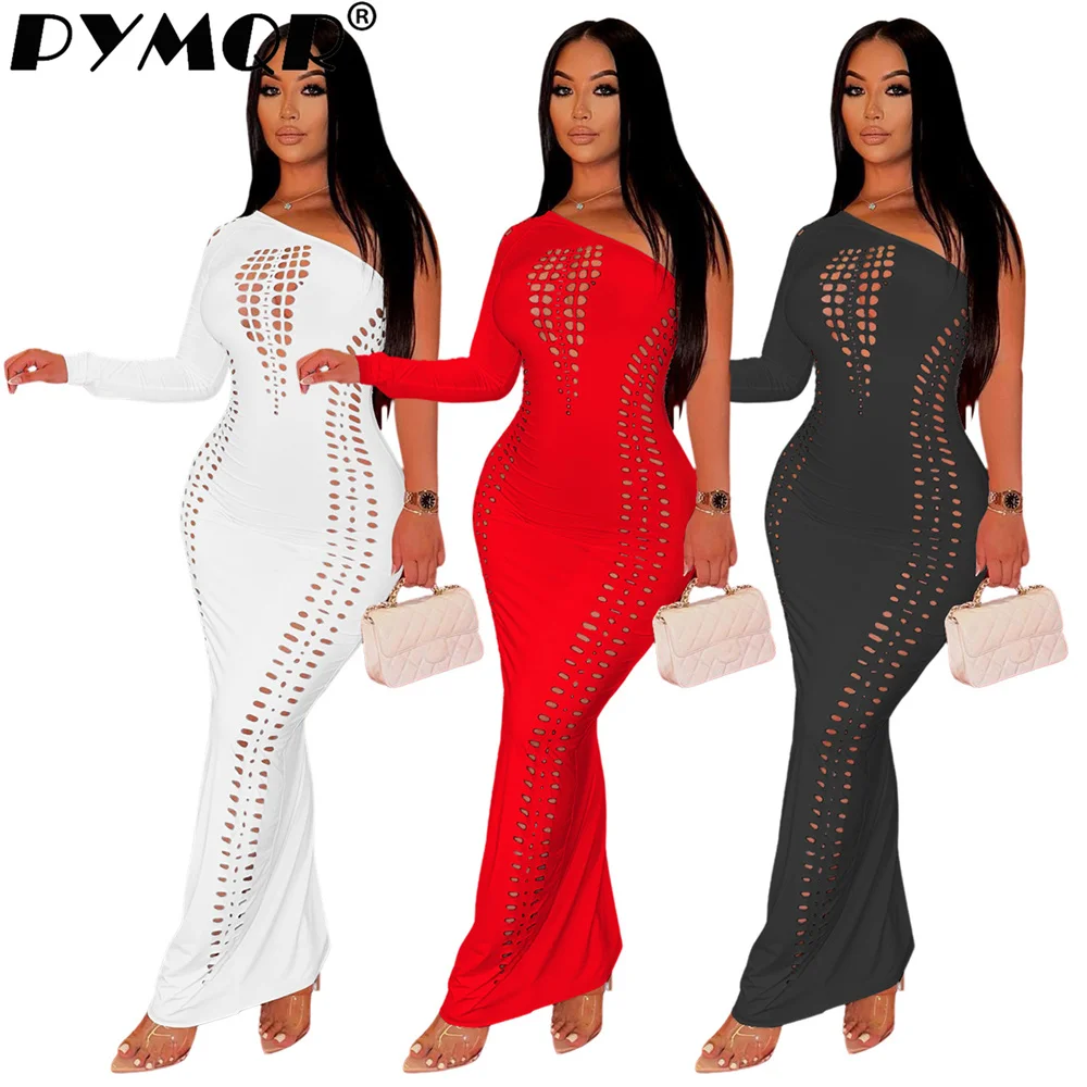 

PYMQR New One Shoulder Sleeve Burnt Flower Hollow Sexy Nightclub Midi Dress 2023 Summer Night Club Outfit Party Women Clothing