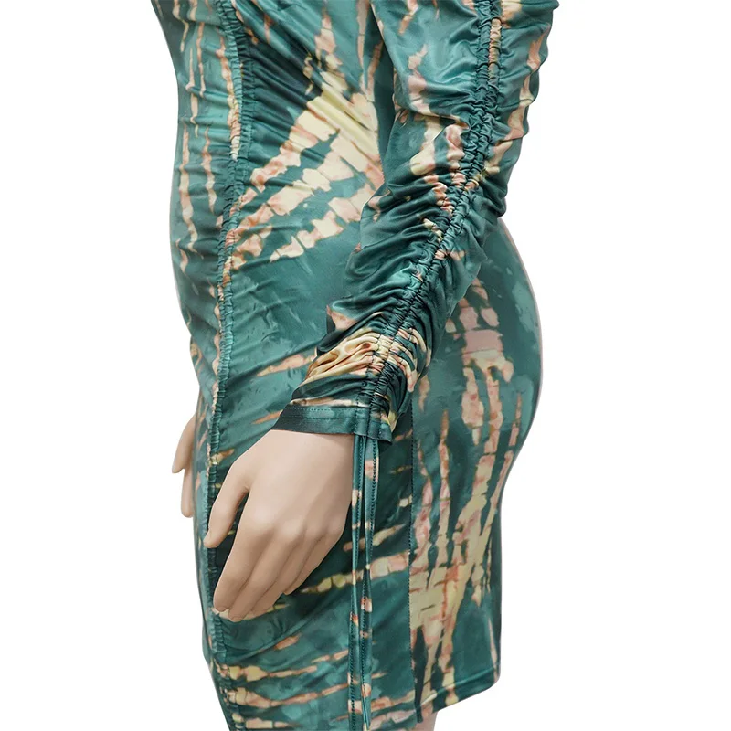 Spring Autumn Plus Size Women's Clothing Sexy Oblique Shoulder Printing Long Sleeve Fashion Bandage Bag Hip Shirring Mini Dress