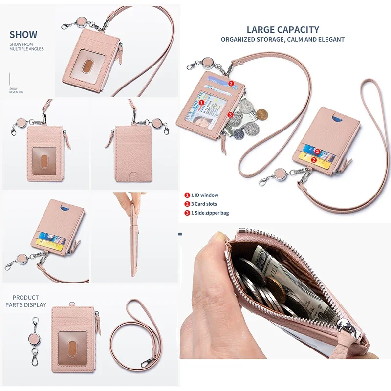 Travel Genuine Leather Student ID Badge Card Holder Lanyard Neck Pouch Bag with Coin Wallet Purse for Students Women Kids Girls