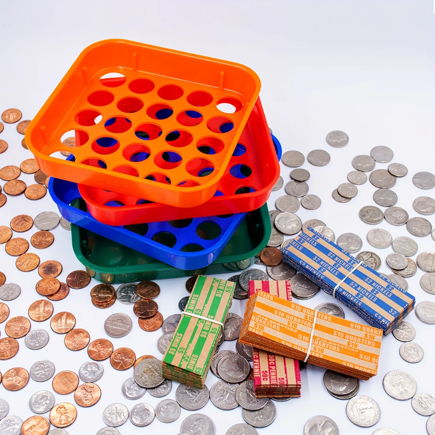 Coin Sorters Tray Coin Counters 4 Color-Coded Sorting Tray 100 Assorted Flat Roll Wrappers For US Coins