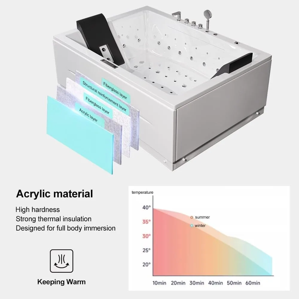Whirlpool Bathtub for 2 People, Spray Bathtub, 71 Inch Massage Belt, 18 Water Nozzles+20 Air Nozzles, White Color Therapy 5