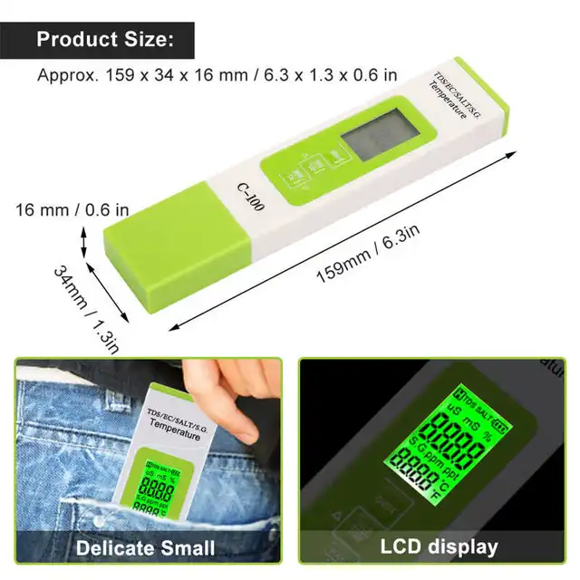 Vízminőség-Teszter C-100 Sótartalom/Tds/Ek/Tengervíz-Specifikus Gravitáció Öt-Egy-Egy Teszt Toll Többfunkciós Vízminőség-Detektor - Image 3