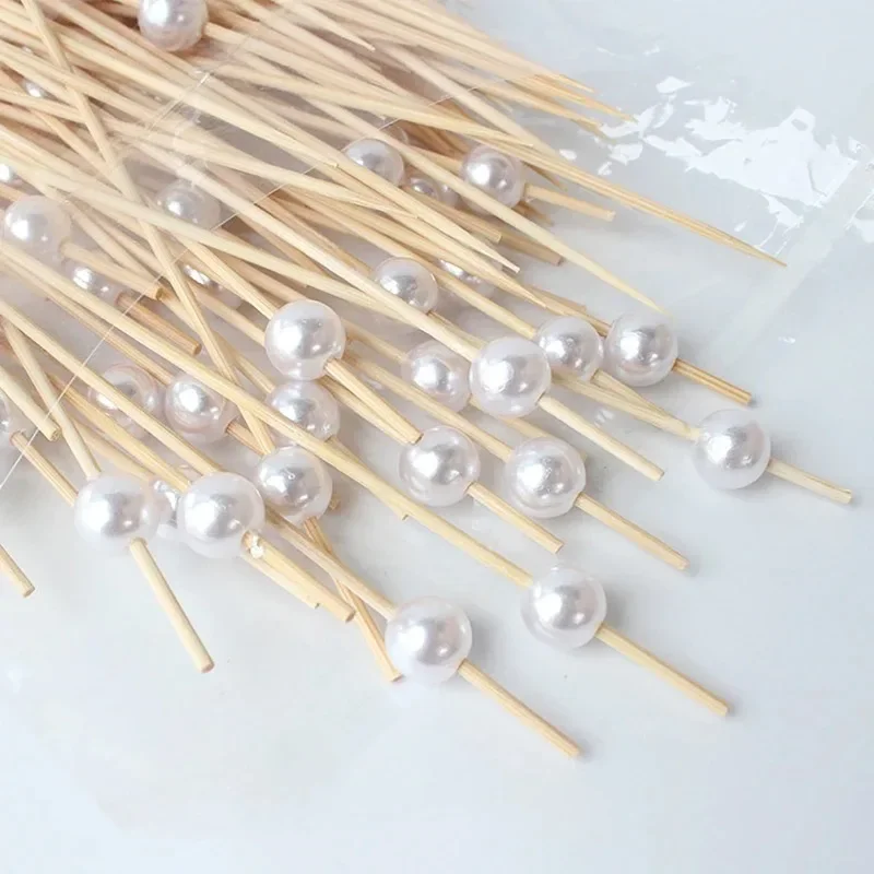 Gold Silvery White Pearl Bamboo Skewers 100PCS For Party Cake Dessert Cocktail Food