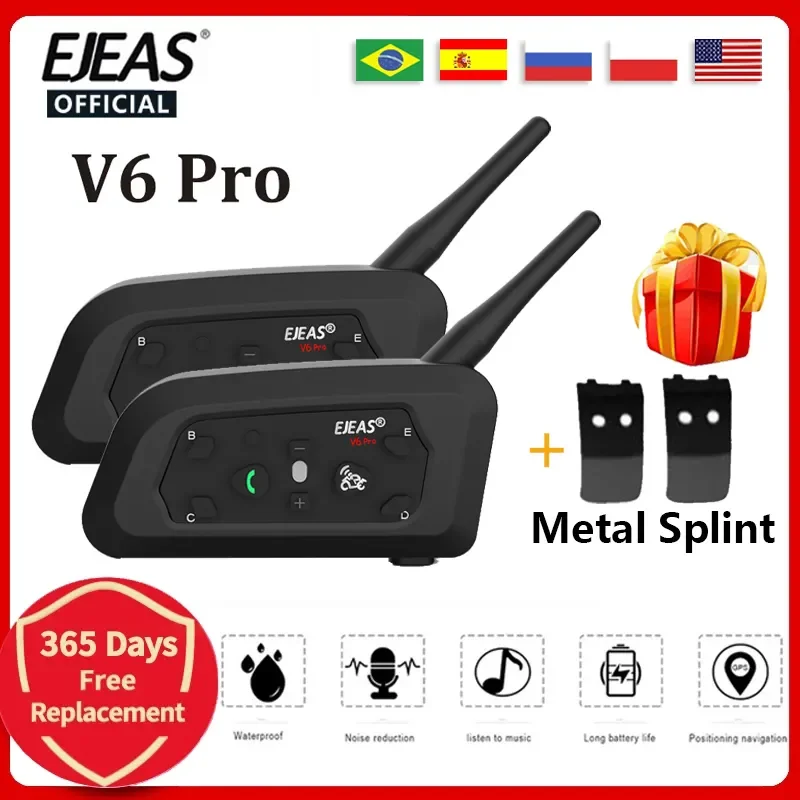 V6 Pro Motorcycle Bluetooth Headset, 2 Riders Intercom Bluetooth 5.1 Helmet  Communication System with Hands-Free Call and Noise Reduction for